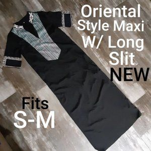 NEW Boutique Satin Like Oriental Style Maxi Dress With long Side Slit